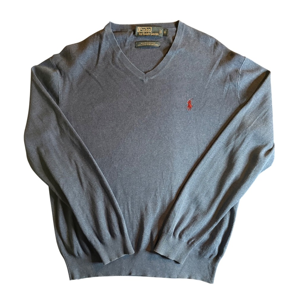 Polo Ralph Lauren Pima Cotton V-Neck Sweater Mens S Blue Red Pony Logo